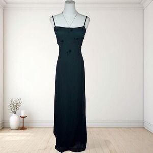 'Y2K Rimini by Shaw dark green maxi dress sheer beaded floral slip gown